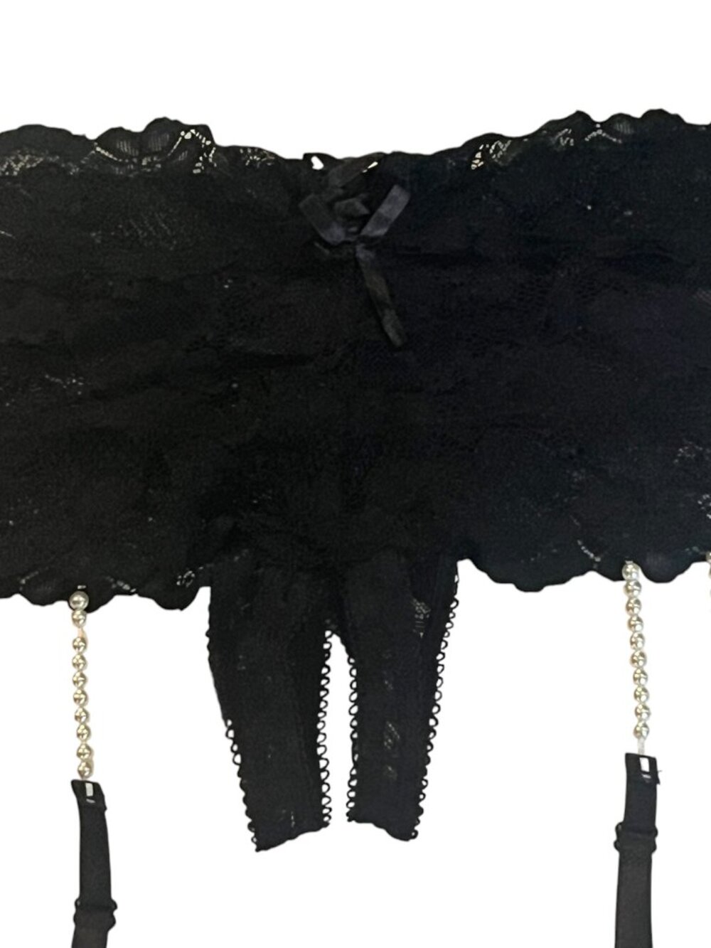 Frederick' of Hollywood Crotchless Lace Panties Pearl Trimmed Graters XL Black